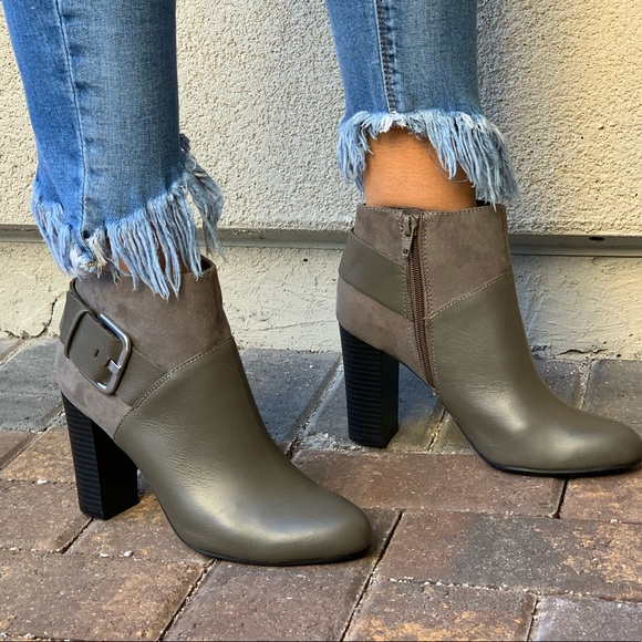 Olive Distressed Leather Chunky Heel Ankle Booties - Picture 5 of 8